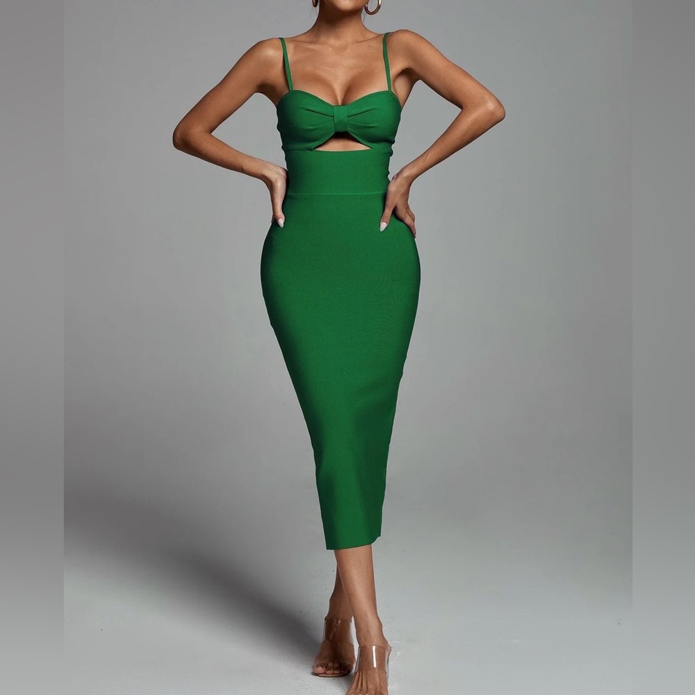 Hollow Bandage Dress - Emerald Green MIDI
